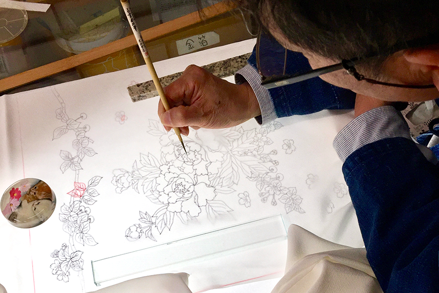 Tracing the design on the paper onto the fabric